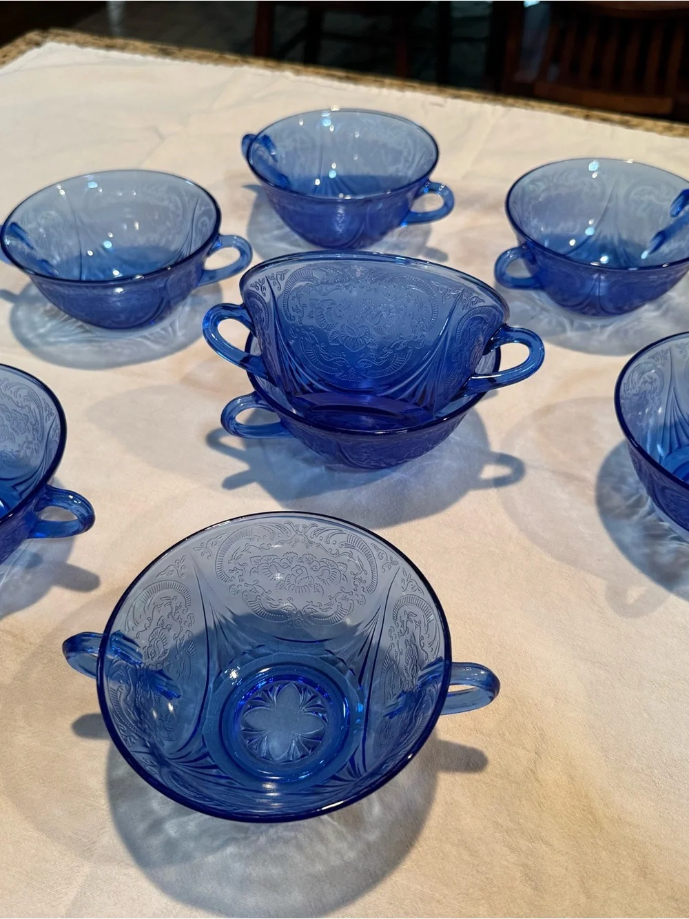 Anchor Hocking Royal Lace in blue depression glass cream soup set of 8